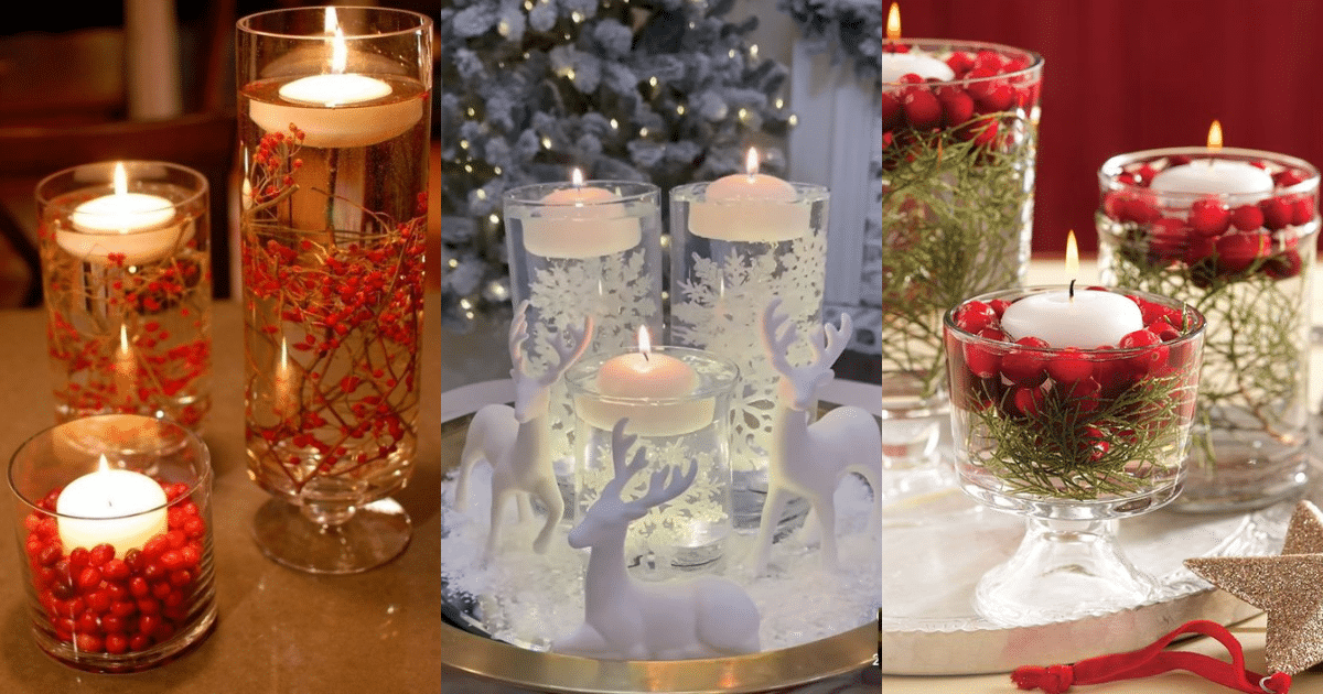 arranjos de natal com agua e velas flutuantes
