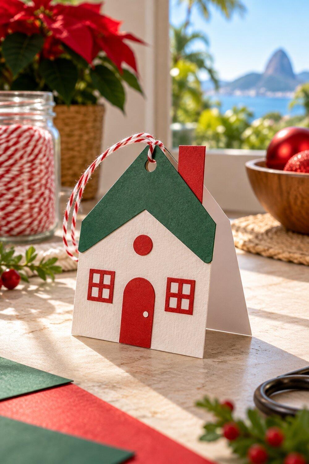 Minicart&atilde;o branco em forma de casinha com telhado verde e porta vermelha