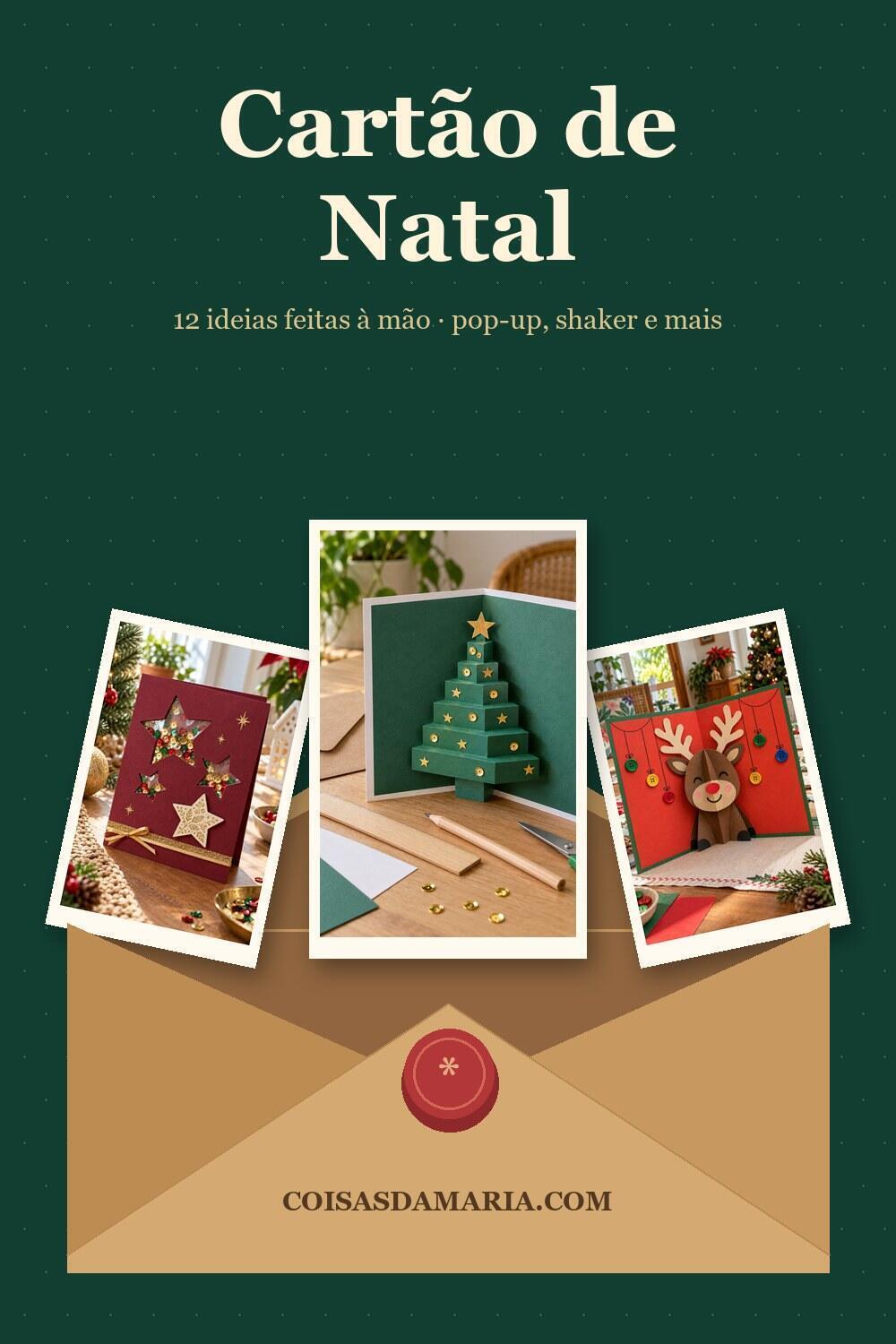 Pin de cart&otilde;es de Natal feitos &agrave; m&atilde;o saindo de um envelope kraft