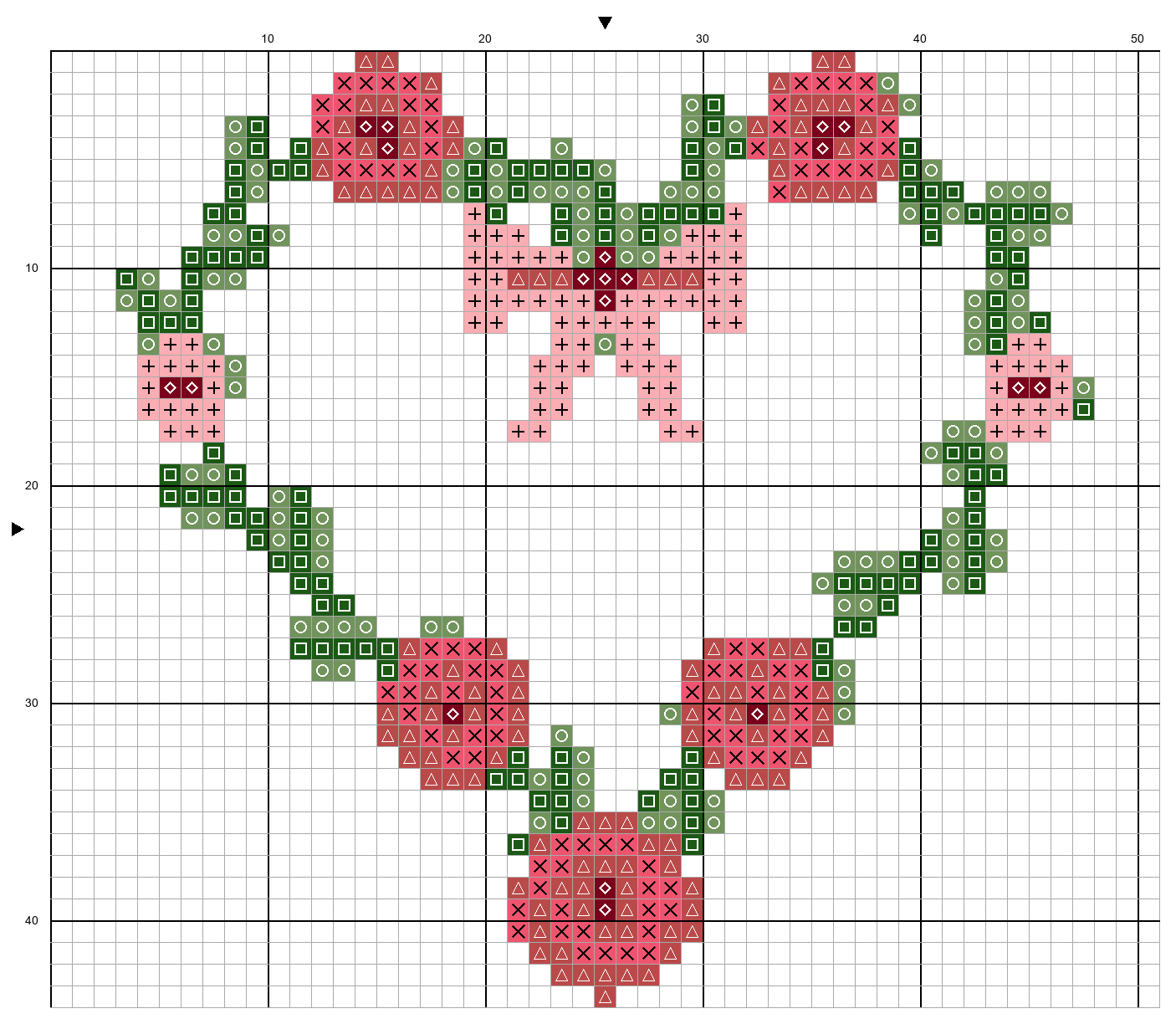 Gr&aacute;fico de ponto cruz de um cora&ccedil;&atilde;o de rosas com la&ccedil;o, 51 &times; 44 pontos, com grade numerada e s&iacute;mbolos