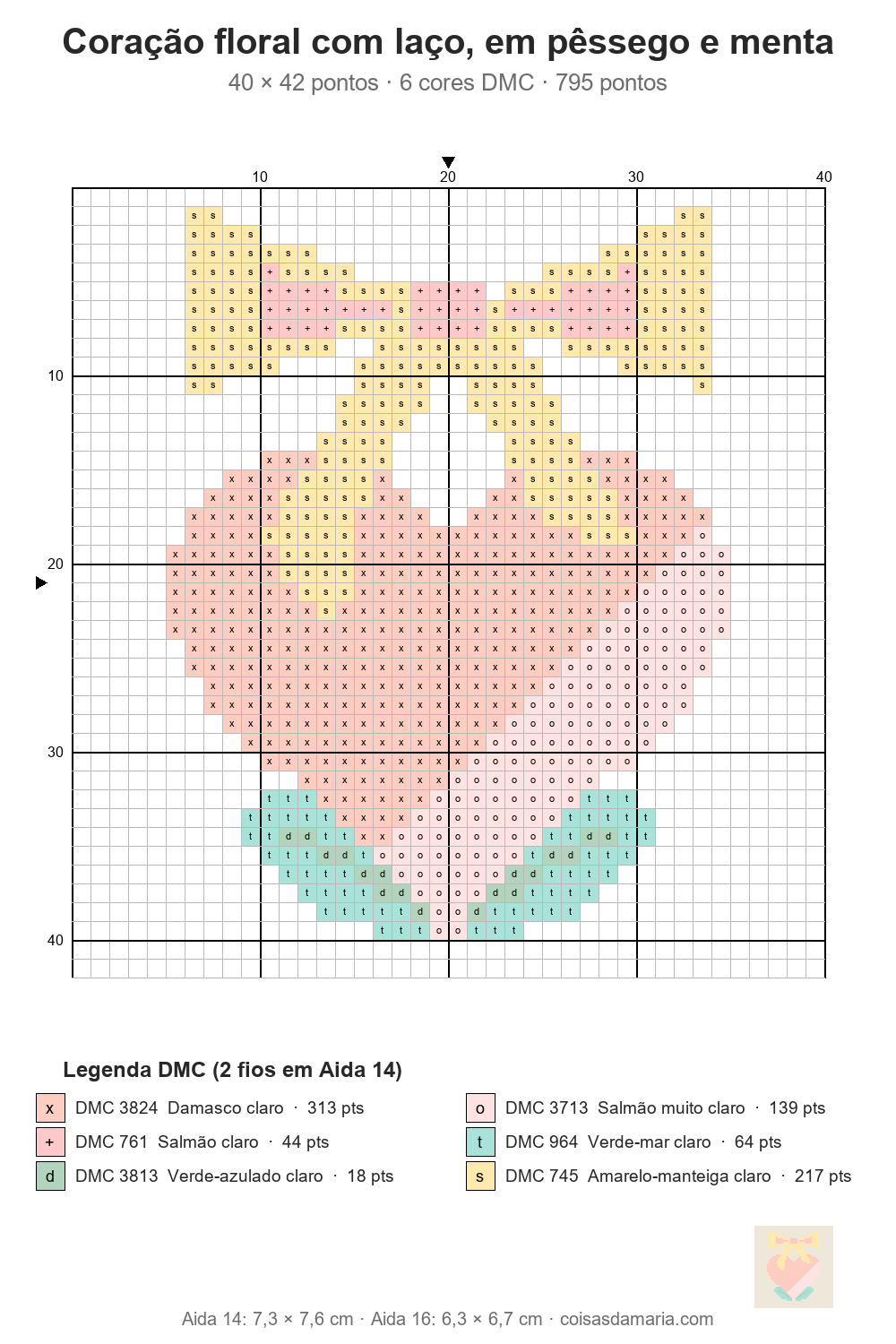 Gr&aacute;fico de ponto cruz de cora&ccedil;&atilde;o s&oacute;lido em p&ecirc;ssego com la&ccedil;o grande amarelo no topo e duas folhas de menta na ponta, 40 &times; 42 pontos, com grade numerada e legenda DMC