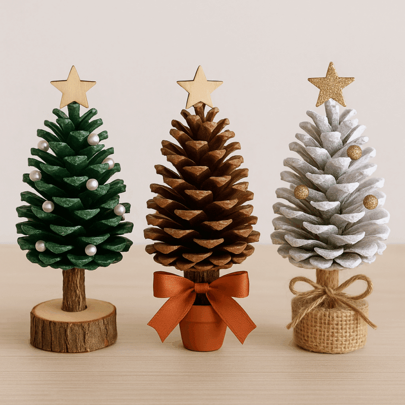 mini arvore de natal feita de pinhas.2