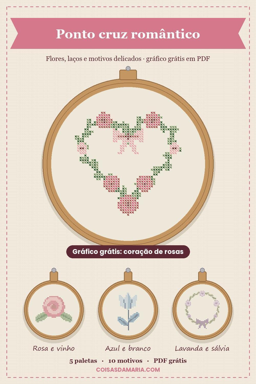 Pin de ponto cruz rom&acirc;ntico com bastidores bordados: cora&ccedil;&atilde;o de rosas com la&ccedil;o, rosa, tulipa azul e guirlanda lavanda