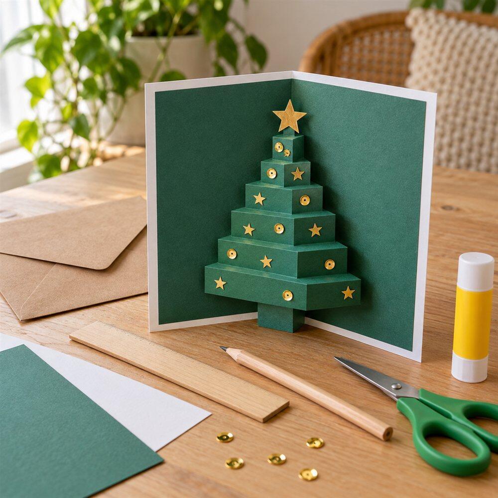 Cart&atilde;o de Natal pop-up de &aacute;rvore pronto, decorado com estrelas douradas e paet&ecirc;s