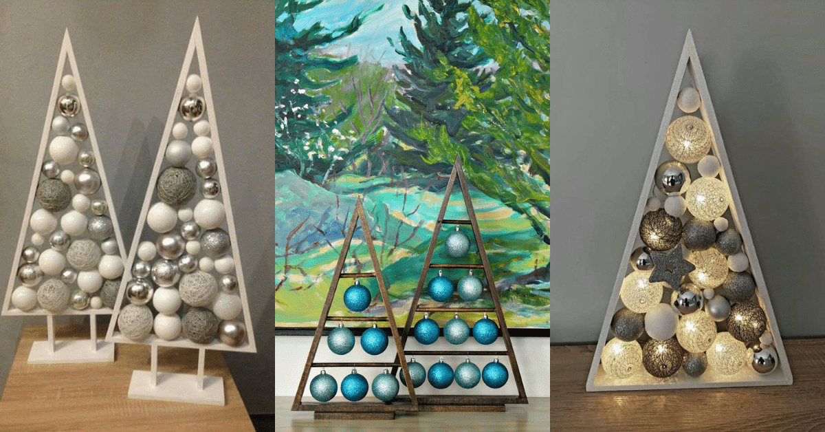triangulos de madeira decorados com bolas de natal